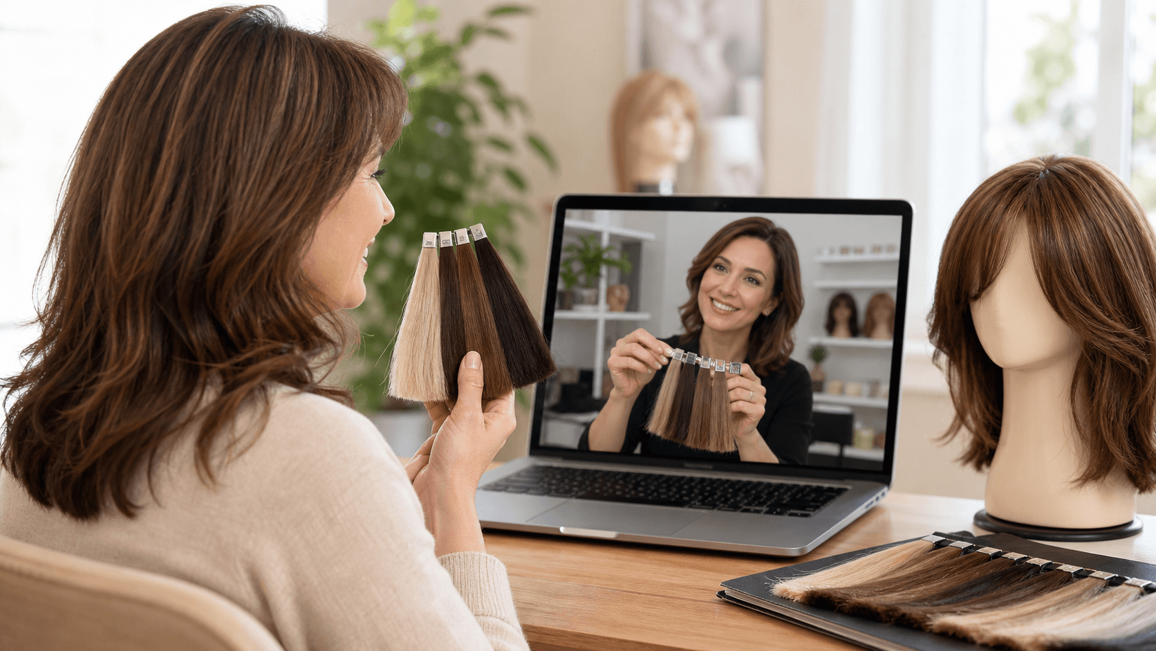 Woman comparing blonde and brunette wig swatches during a video call on a laptop.